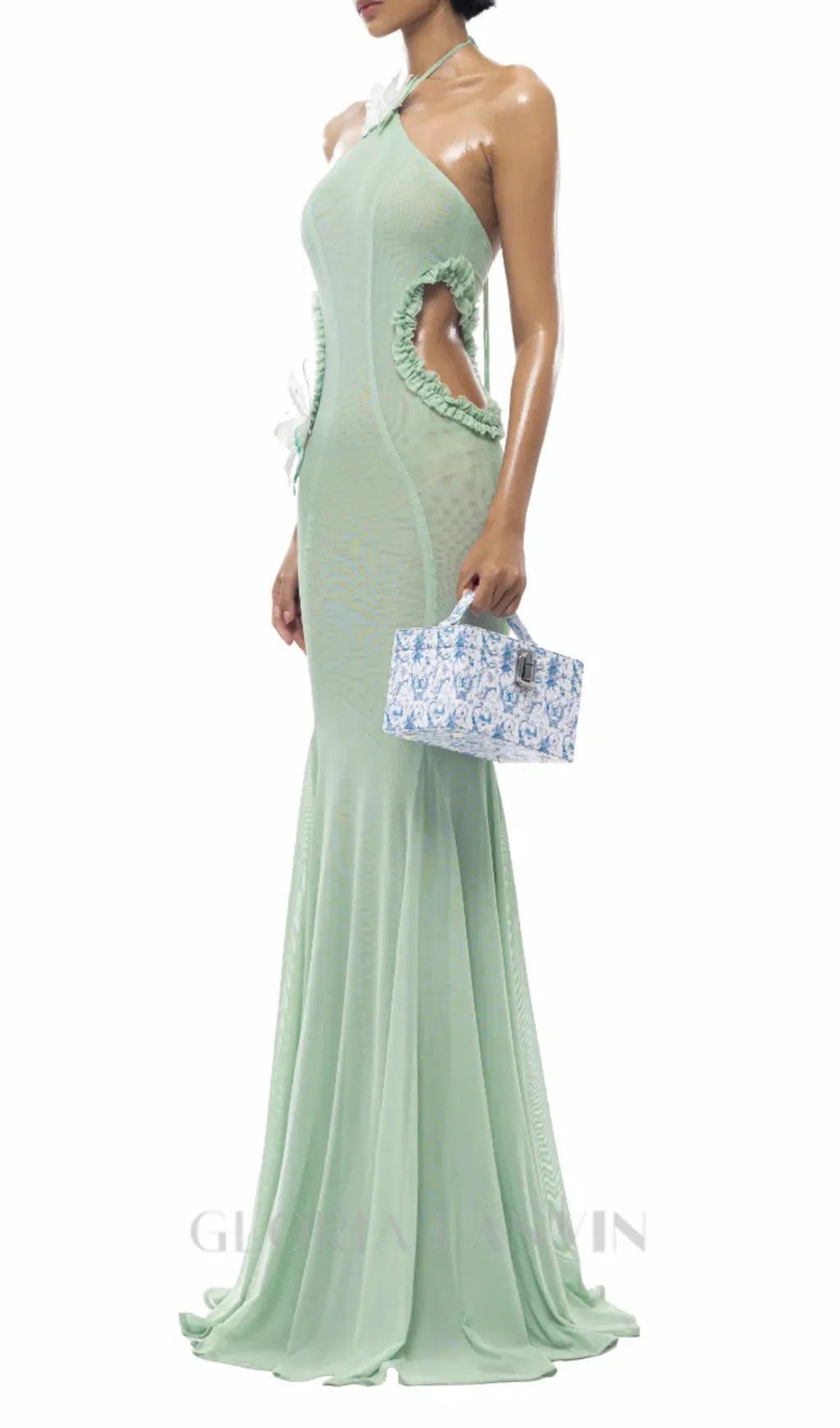 Butterfly Slip Halterneck Tulle maxi Dress in Green Gloria Lanvin