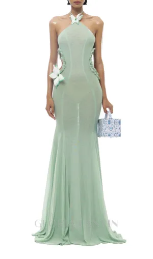 Butterfly Slip Halterneck Tulle maxi Dress in Green Gloria Lanvin