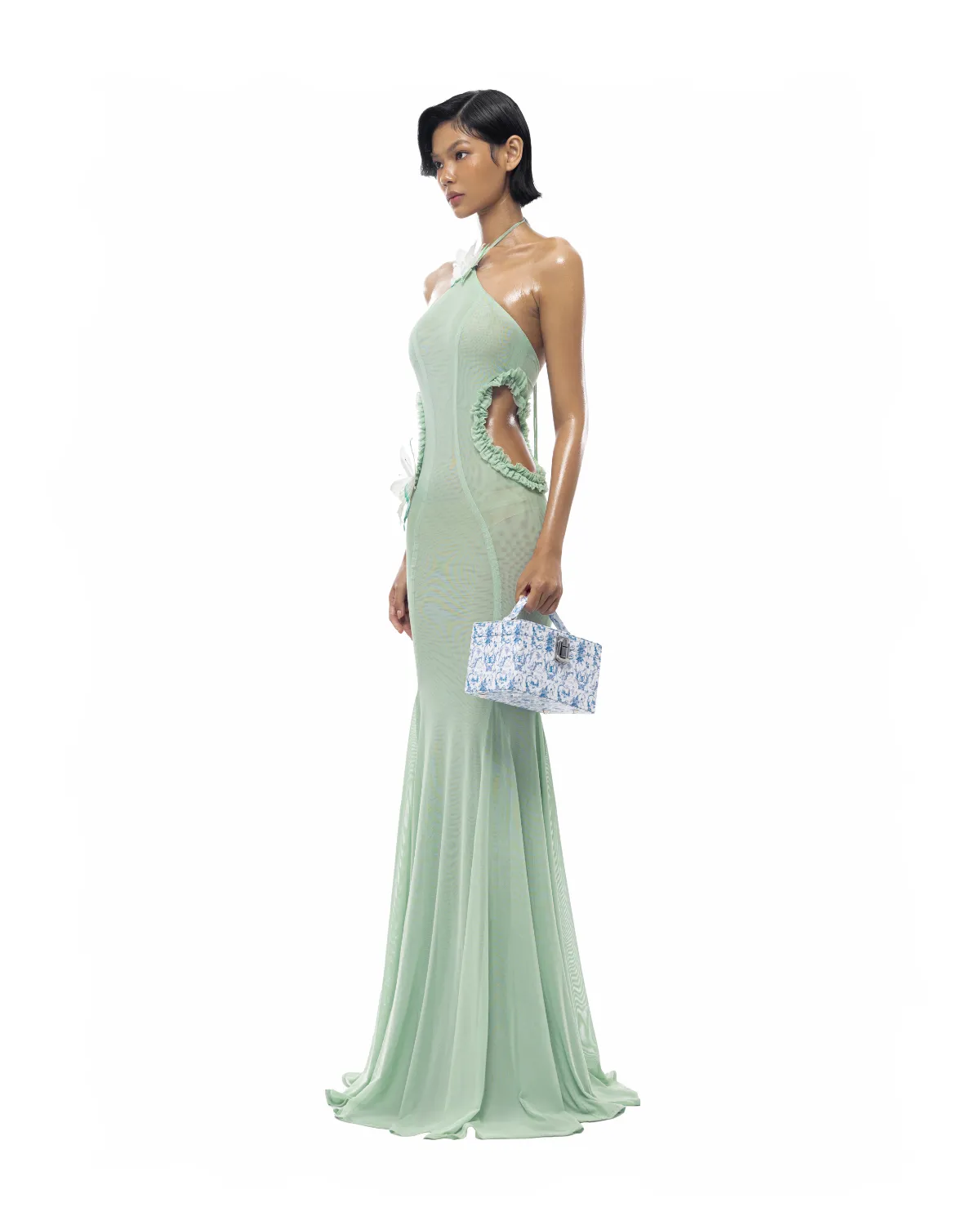 Butterfly Slip Halterneck Tulle maxi Dress in Green Gloria Lanvin
