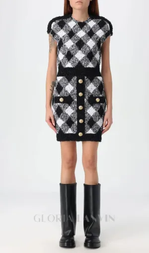 button-embellished plaid texture mini dress Gloria Lanvin