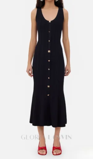 Button-embellished ribbed-knit midi dress in black Gloria Lanvin