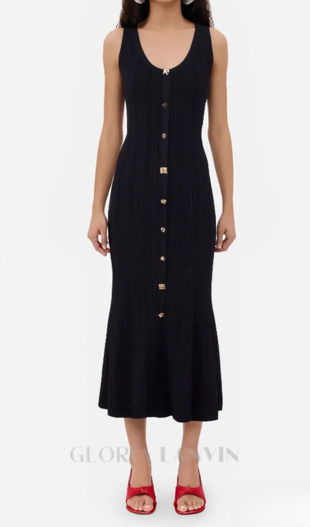 Button-embellished ribbed-knit midi dress in black Gloria Lanvin