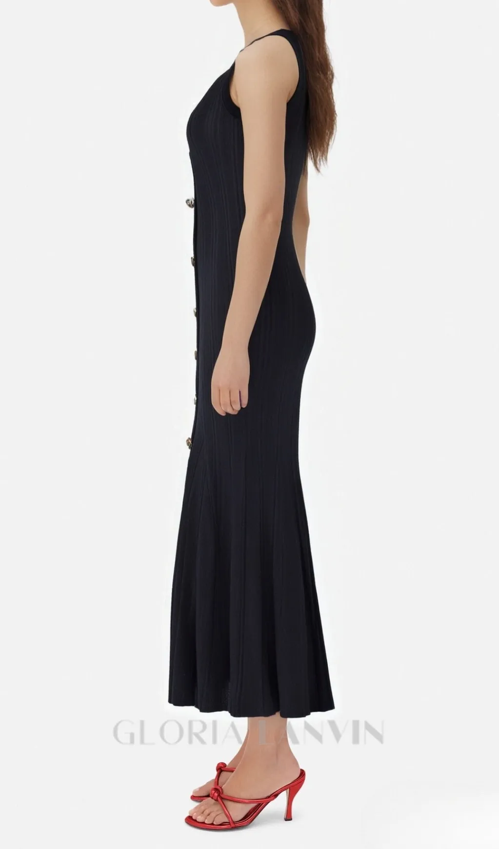 Button-embellished ribbed-knit midi dress in black Gloria Lanvin