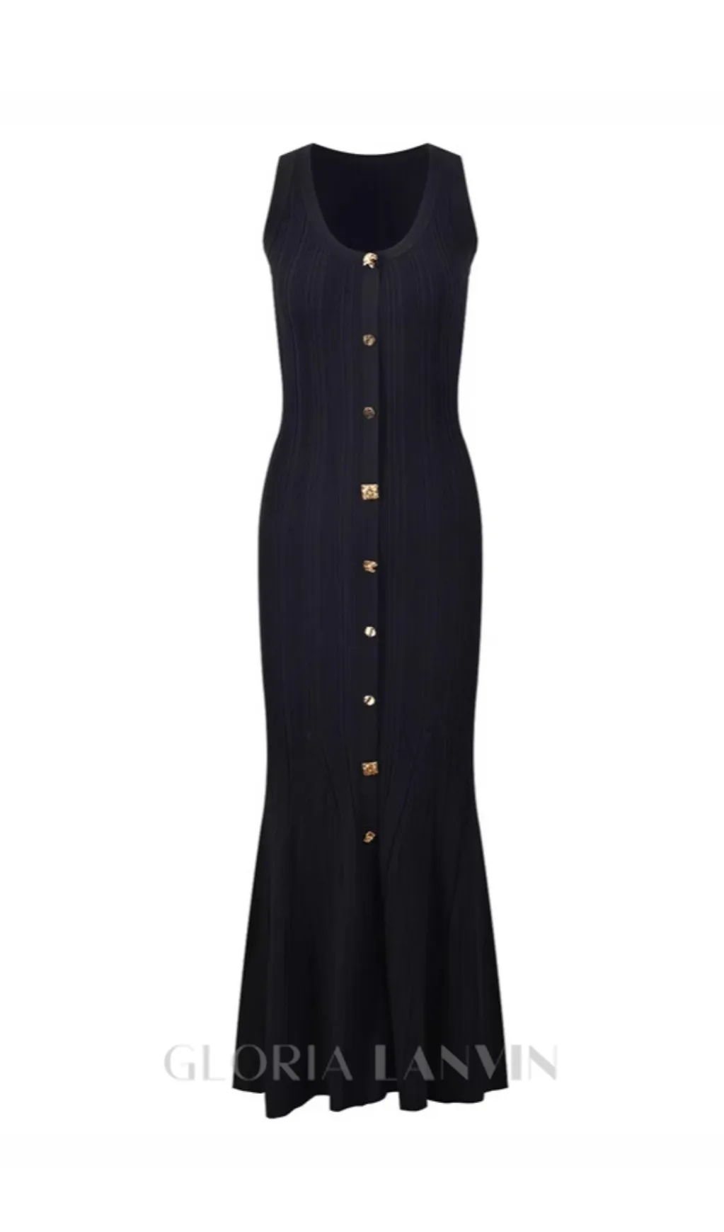 Button-embellished ribbed-knit midi dress in black Gloria Lanvin