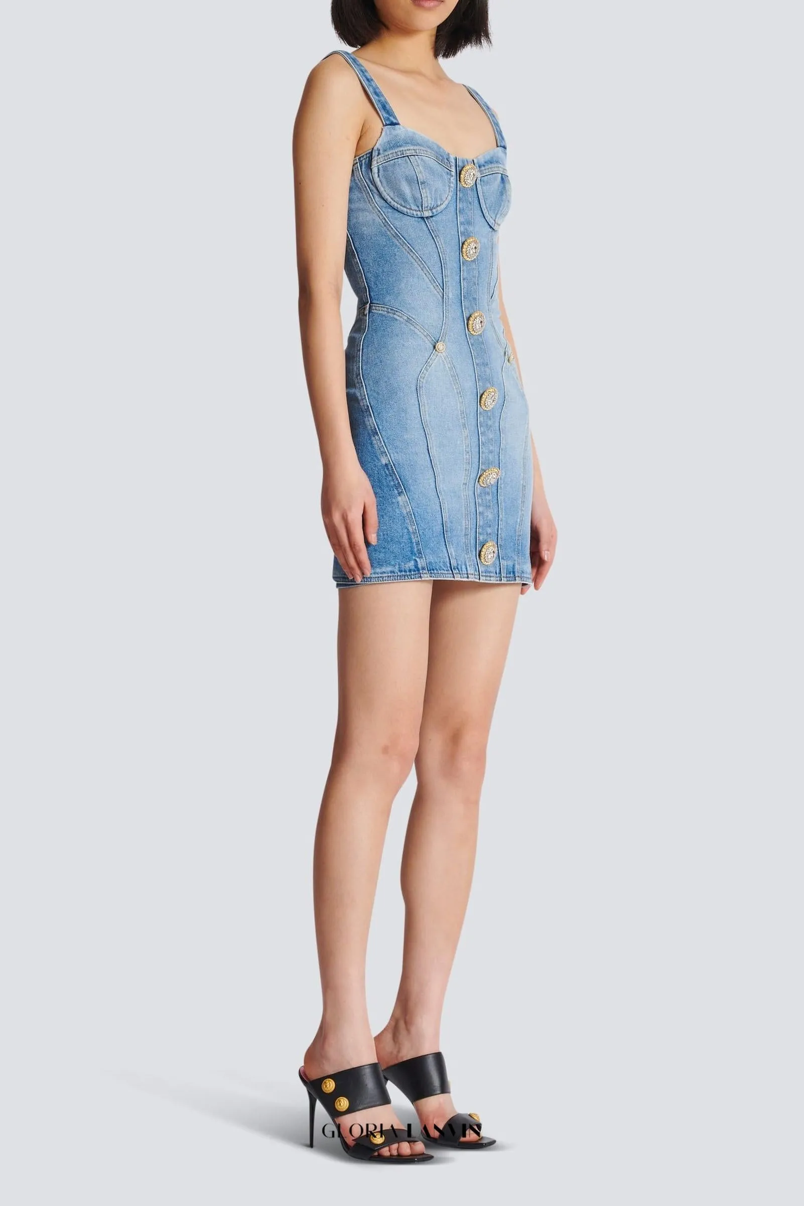 Buttoned denim mini dress in blue Gloria Lanvin