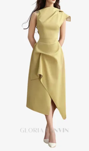 Calla Yellow Asymmetric Front Slit Twill Midi Dress Gloria Lanvin