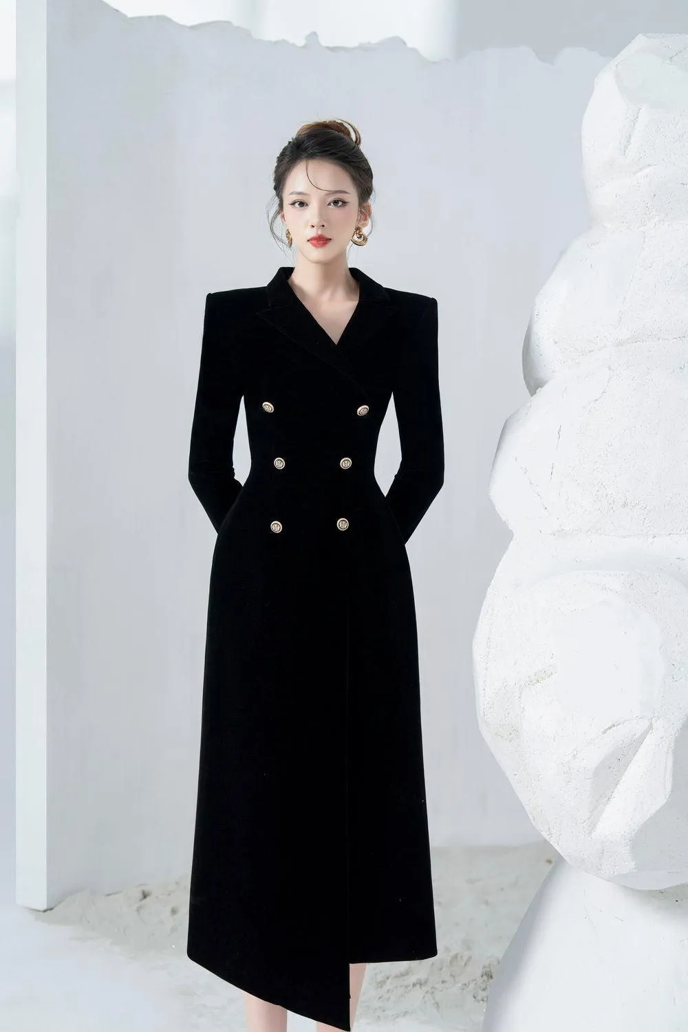 Caloria Asymmetric Notch Lapel Velvet Midi Dress Gloria Lanvin
