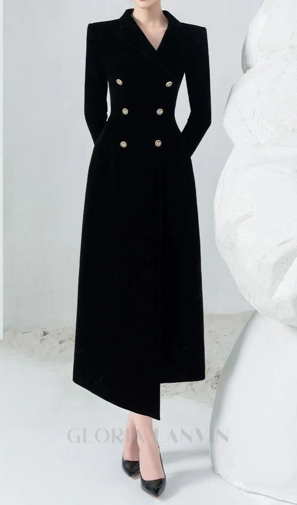 Caloria Asymmetric Notch Lapel Velvet Midi Dress Gloria Lanvin