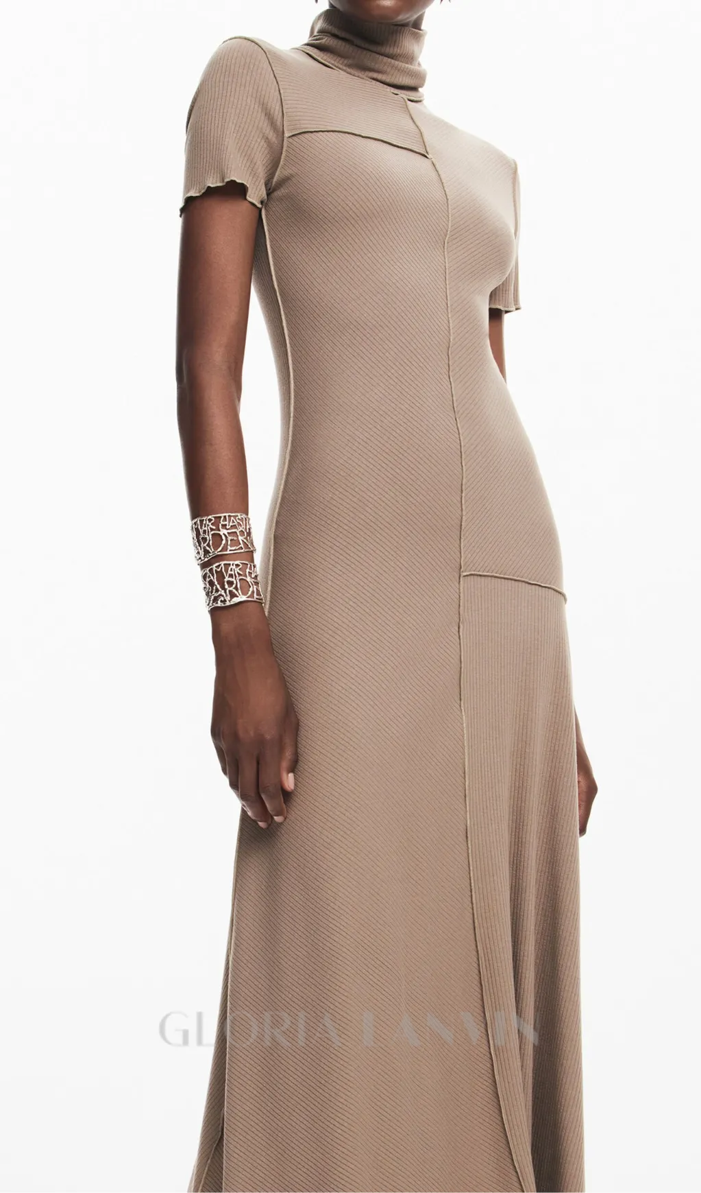camel bodycon midi dress with high neck Gloria Lanvin