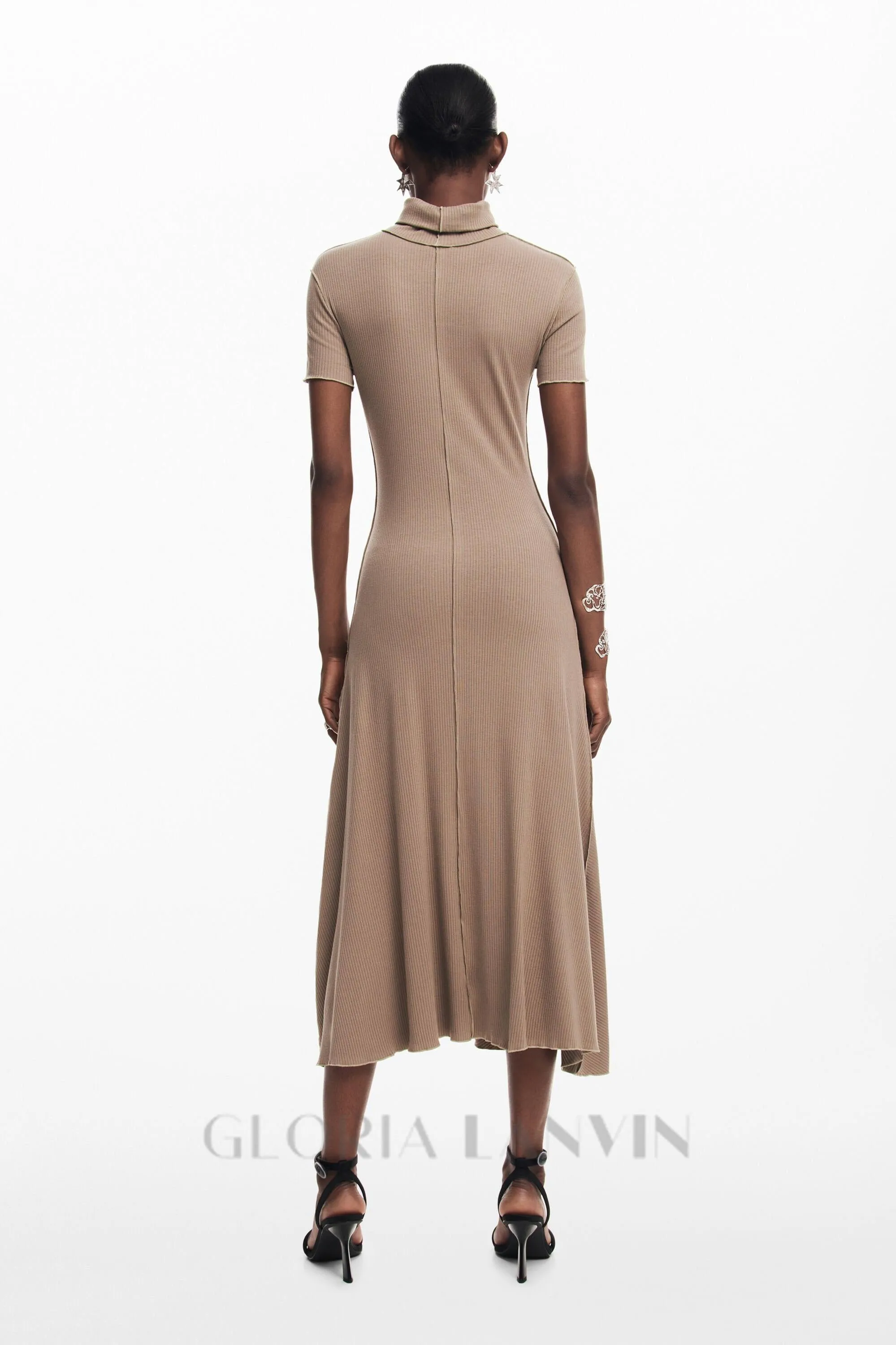 camel bodycon midi dress with high neck Gloria Lanvin