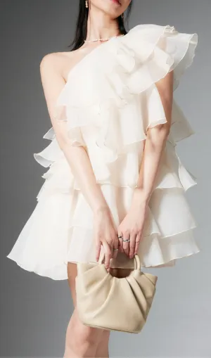 CAP-SLEEVE ONE-SHOULDER PLAIN TIERED MINI DRESS Gloria Lanvin