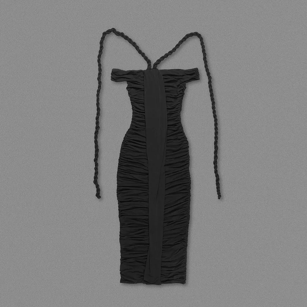 cara black off-shoulder ruched bodycon maxi dress with rope embellished Gloria Lanvin