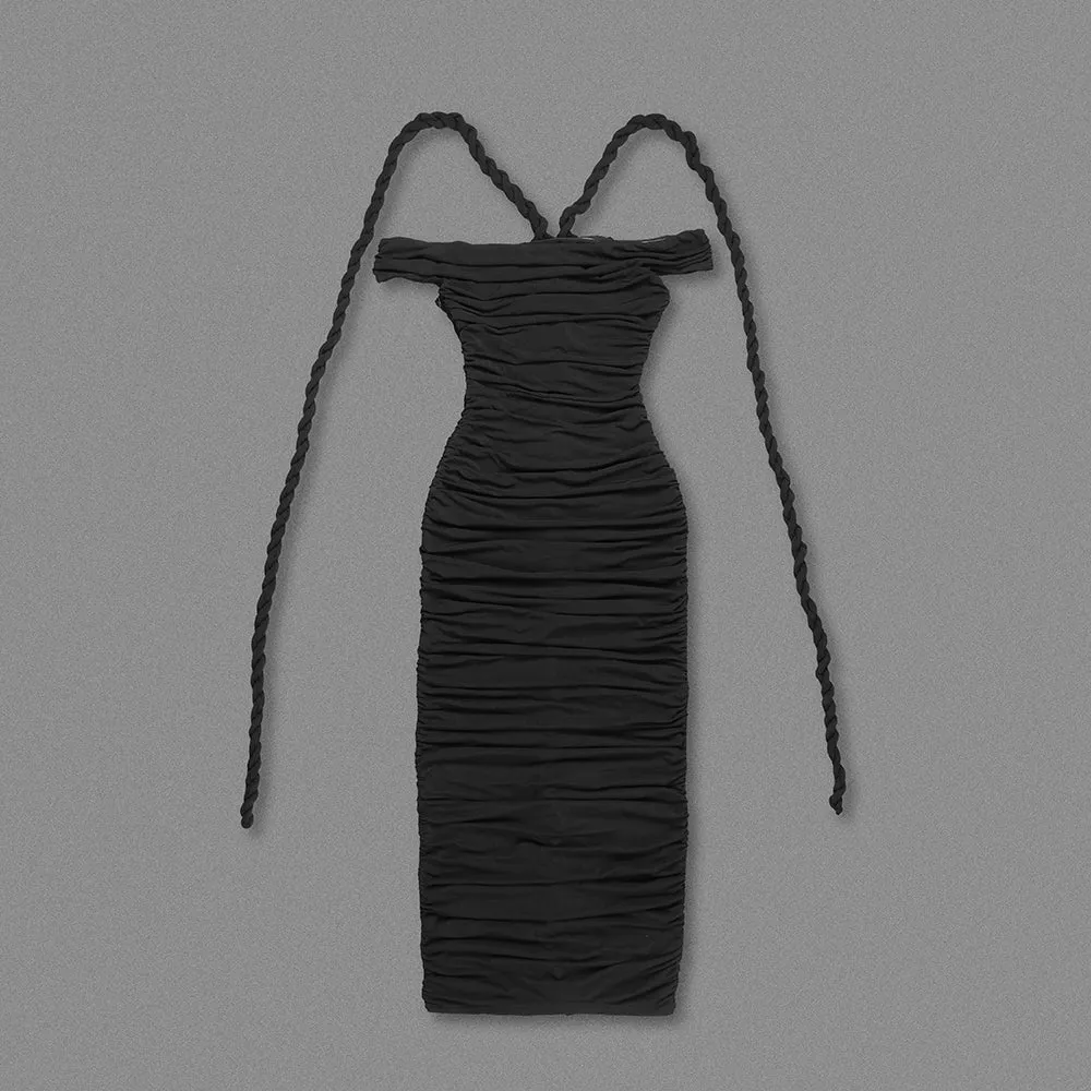 cara black off-shoulder ruched bodycon maxi dress with rope embellished Gloria Lanvin