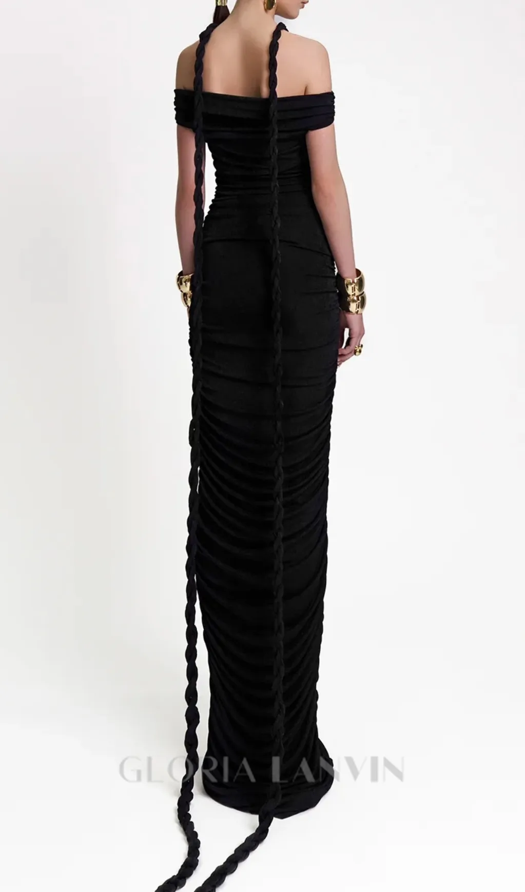 cara black off-shoulder ruched bodycon maxi dress with rope embellished Gloria Lanvin