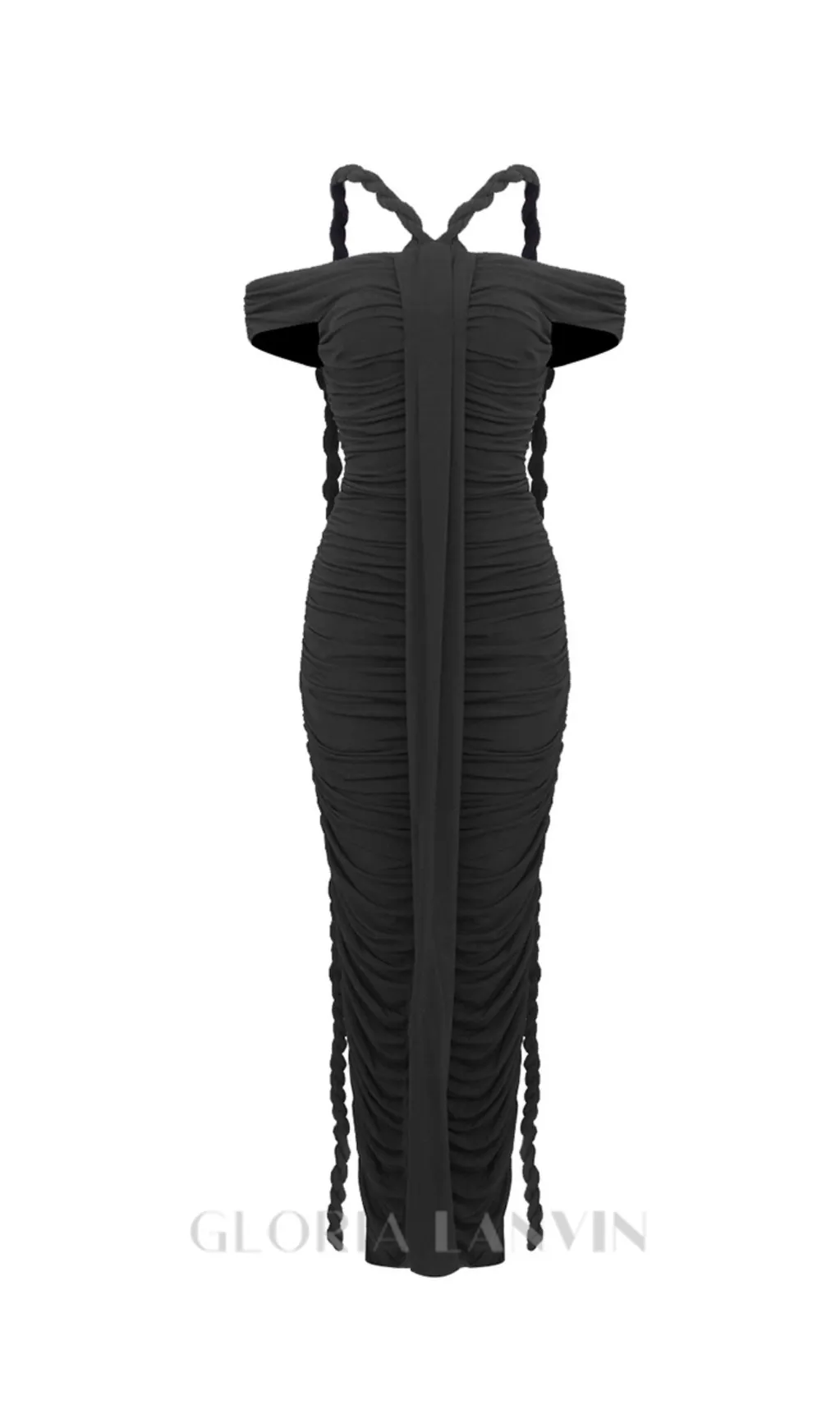 cara black off-shoulder ruched bodycon maxi dress with rope embellished Gloria Lanvin