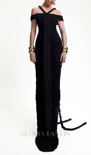 cara black off-shoulder ruched bodycon maxi dress with rope embellished Gloria Lanvin