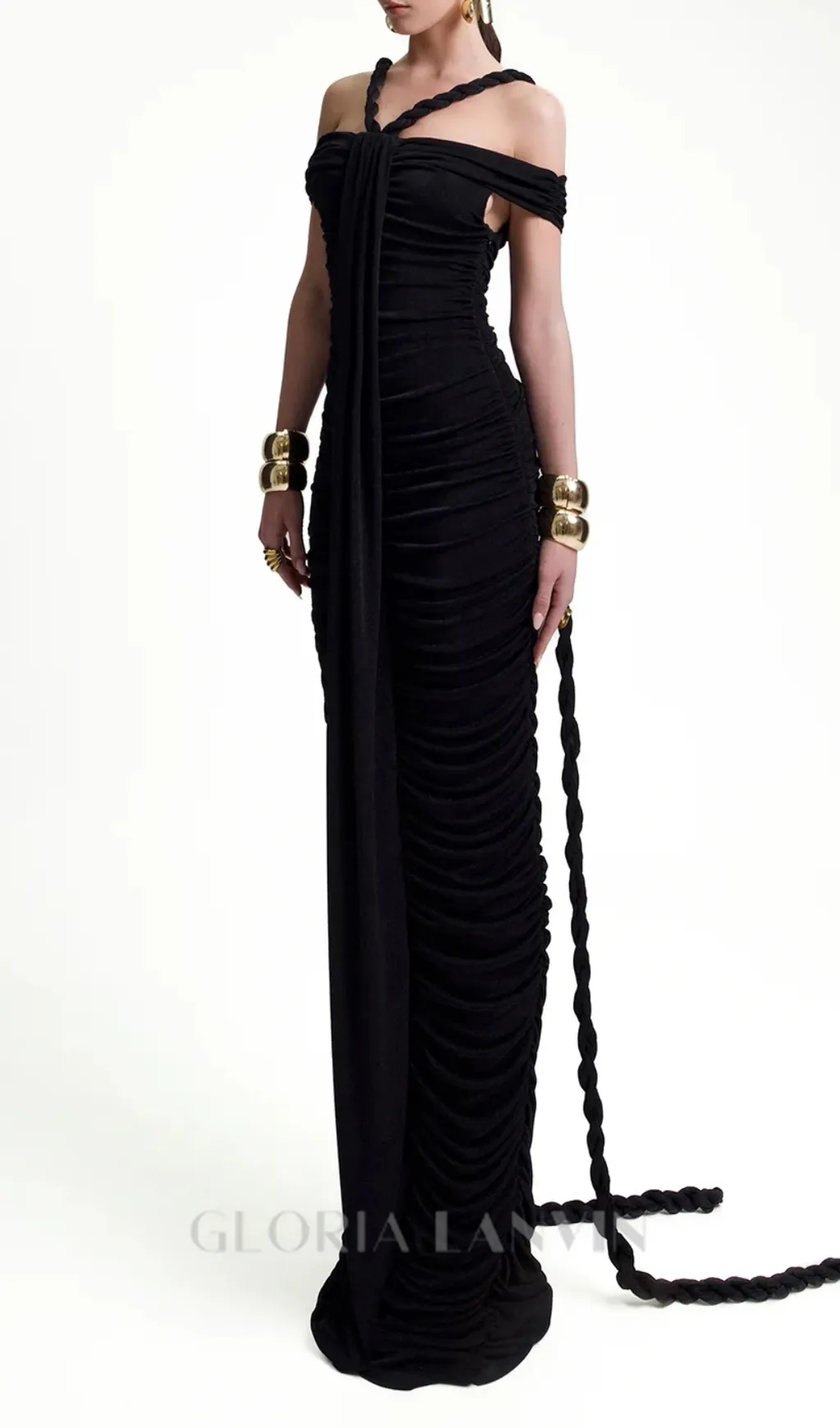 cara black off-shoulder ruched bodycon maxi dress with rope embellished Gloria Lanvin