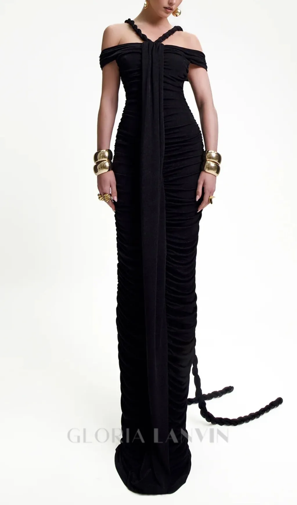 cara black off-shoulder ruched bodycon maxi dress with rope embellished Gloria Lanvin