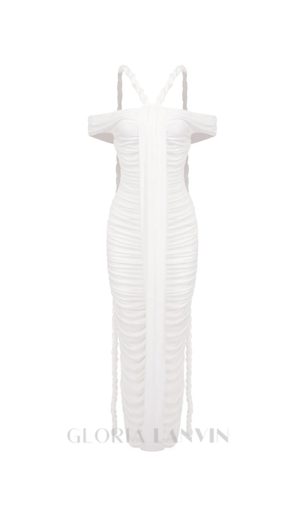 cara white off-shoulder ruched bodycon maxi dress with rope embellished Gloria Lanvin