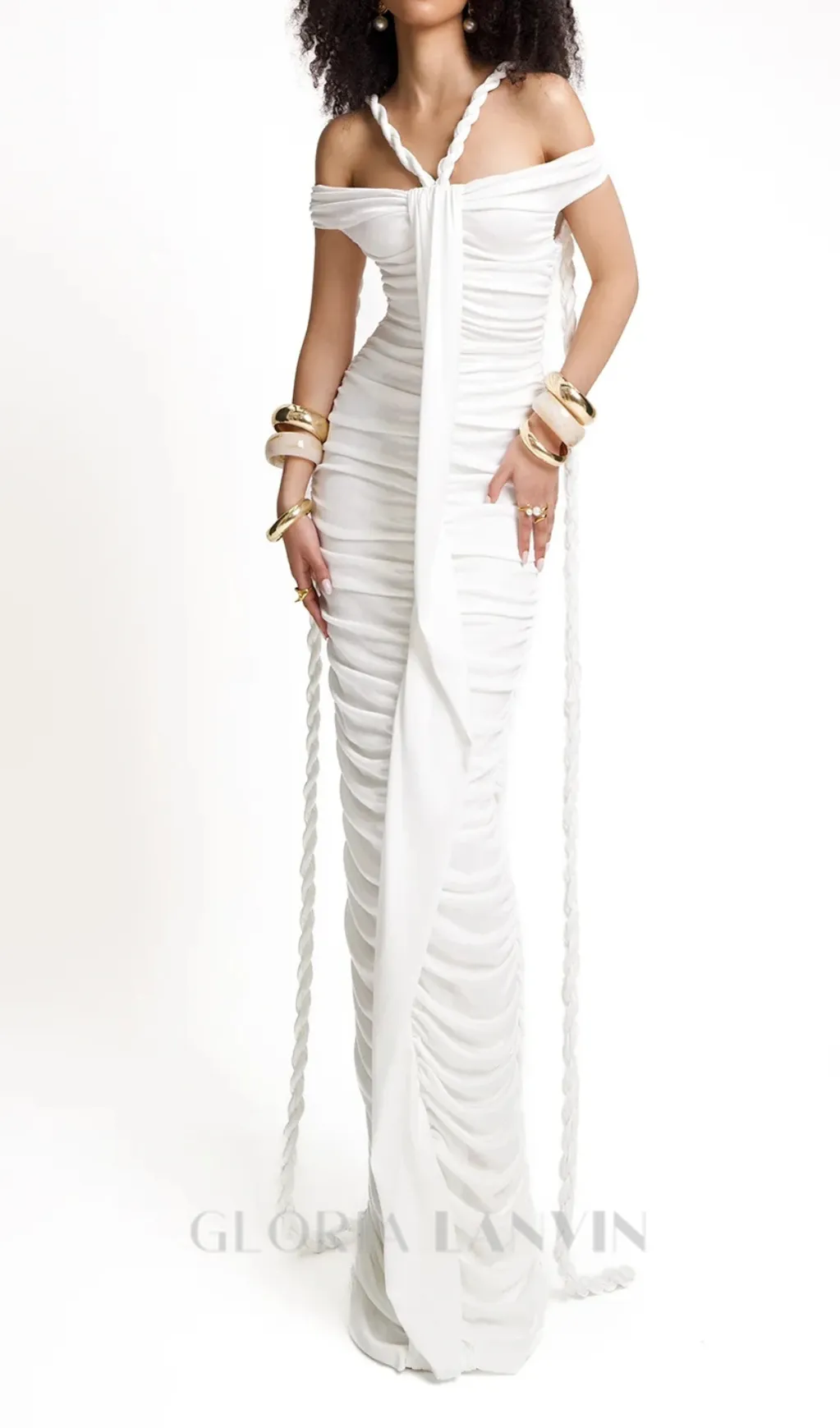 cara white off-shoulder ruched bodycon maxi dress with rope embellished Gloria Lanvin