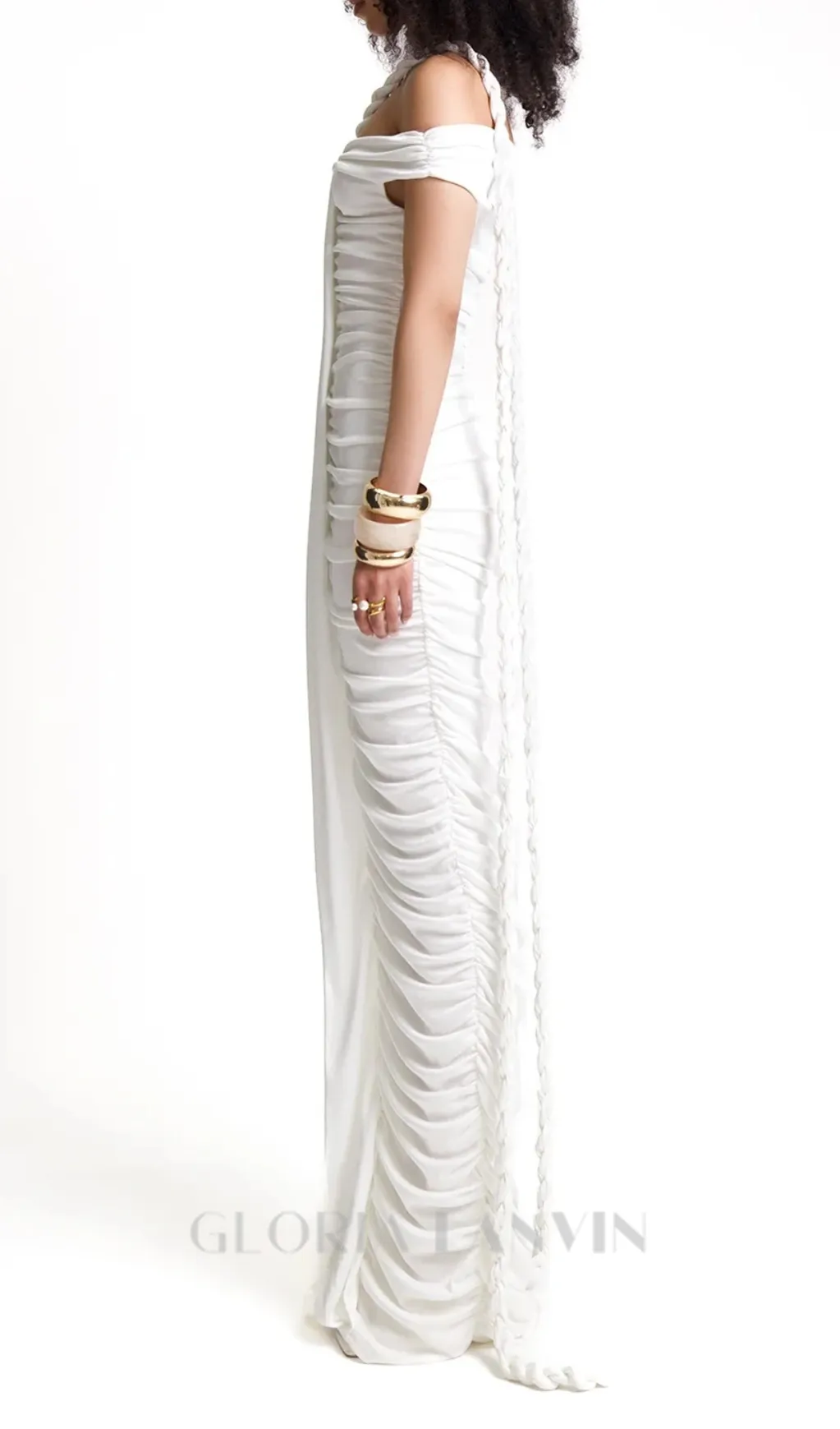 cara white off-shoulder ruched bodycon maxi dress with rope embellished Gloria Lanvin