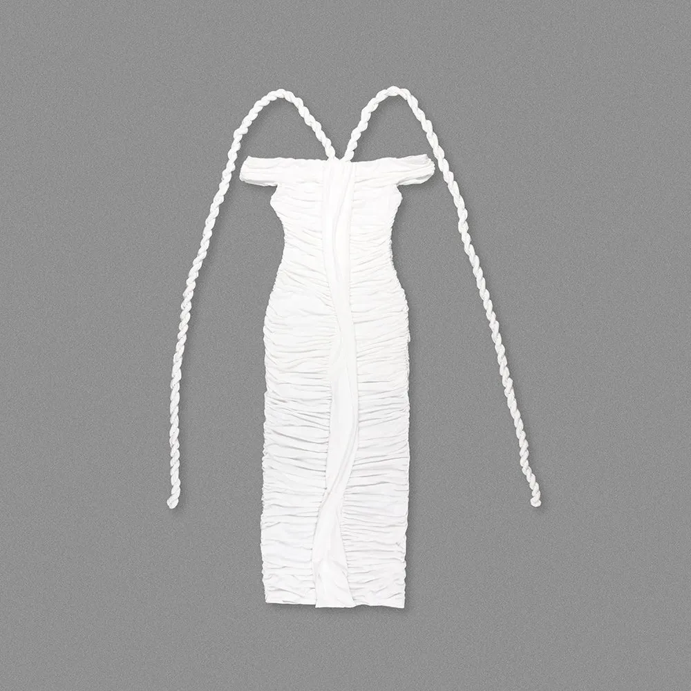 cara white off-shoulder ruched bodycon maxi dress with rope embellished Gloria Lanvin