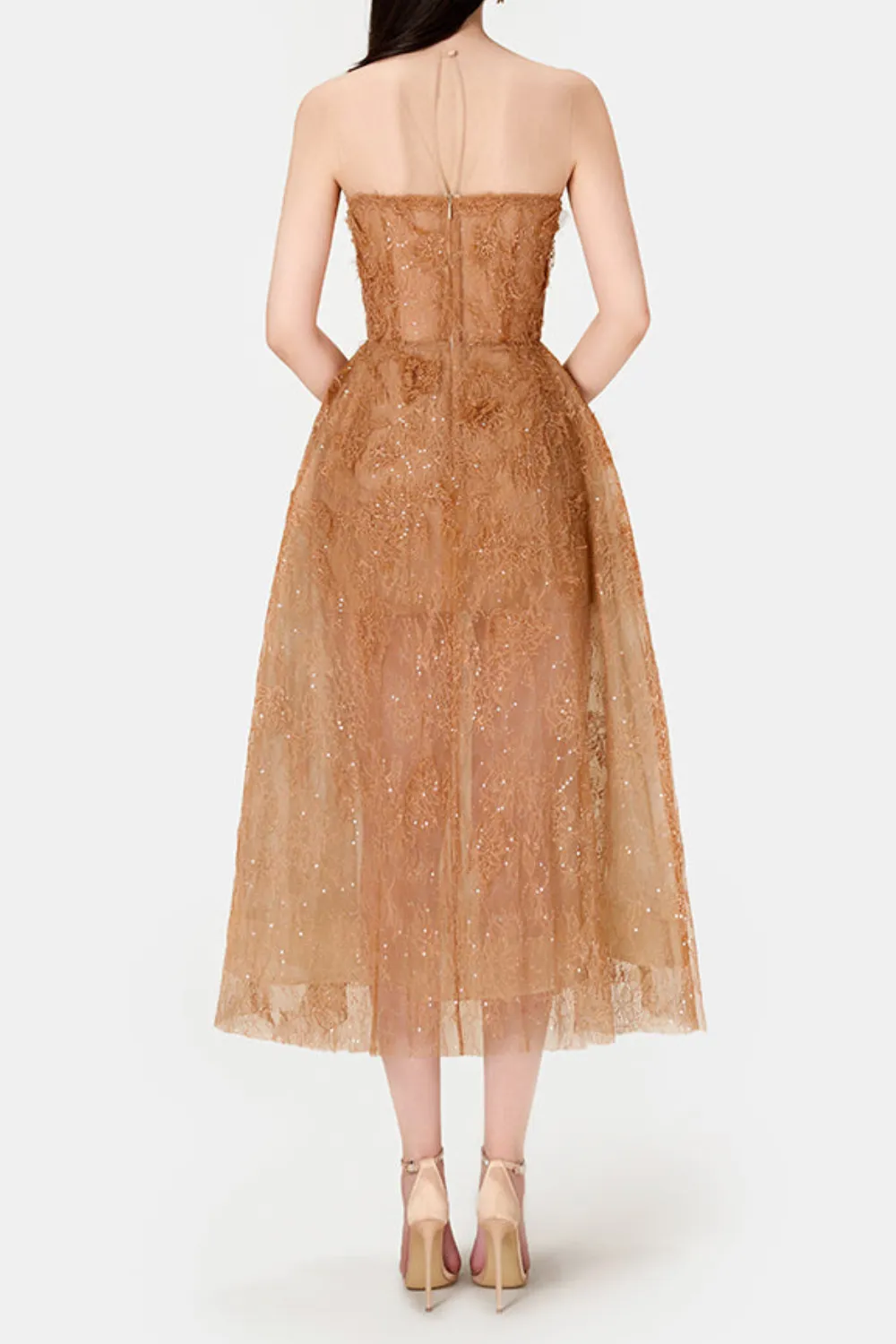 CARAMEL FLORAL LACE EMBROIDER MIDI DRESS Gloria Lanvin