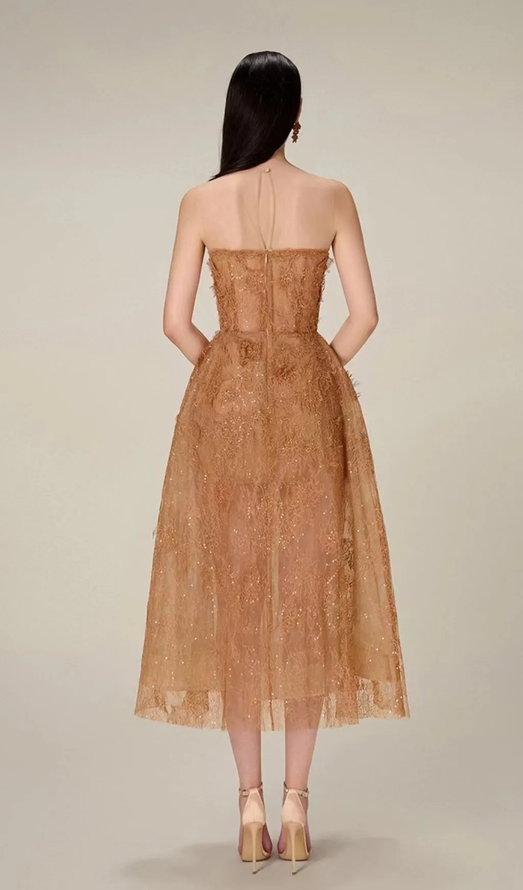 CARAMEL FLORAL LACE EMBROIDER MIDI DRESS Gloria Lanvin