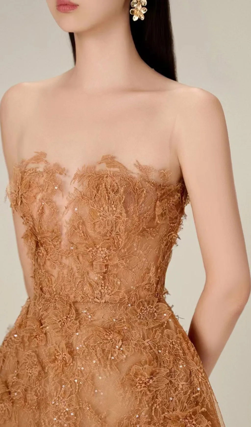 CARAMEL FLORAL LACE EMBROIDER MIDI DRESS Gloria Lanvin