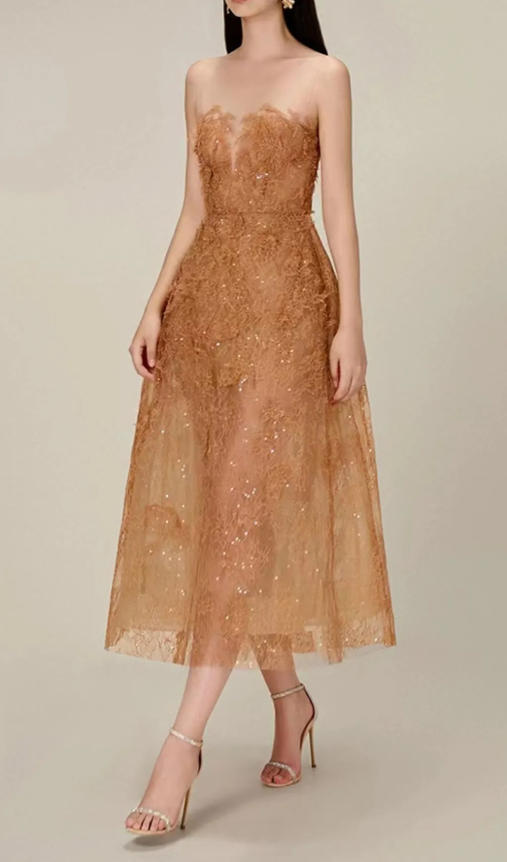 CARAMEL FLORAL LACE EMBROIDER MIDI DRESS Gloria Lanvin