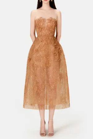 CARAMEL FLORAL LACE EMBROIDER MIDI DRESS Gloria Lanvin