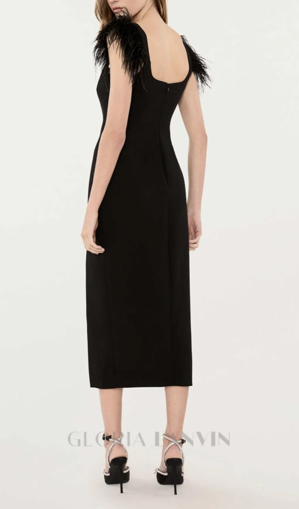 CARI BLACK BOW FEATHER BANDAGE MIDI DRESS Gloria Lanvin