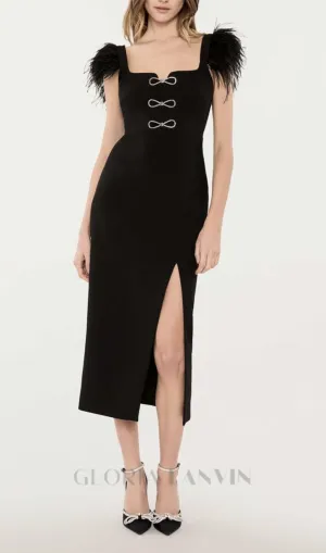 CARI BLACK BOW FEATHER BANDAGE MIDI DRESS Gloria Lanvin