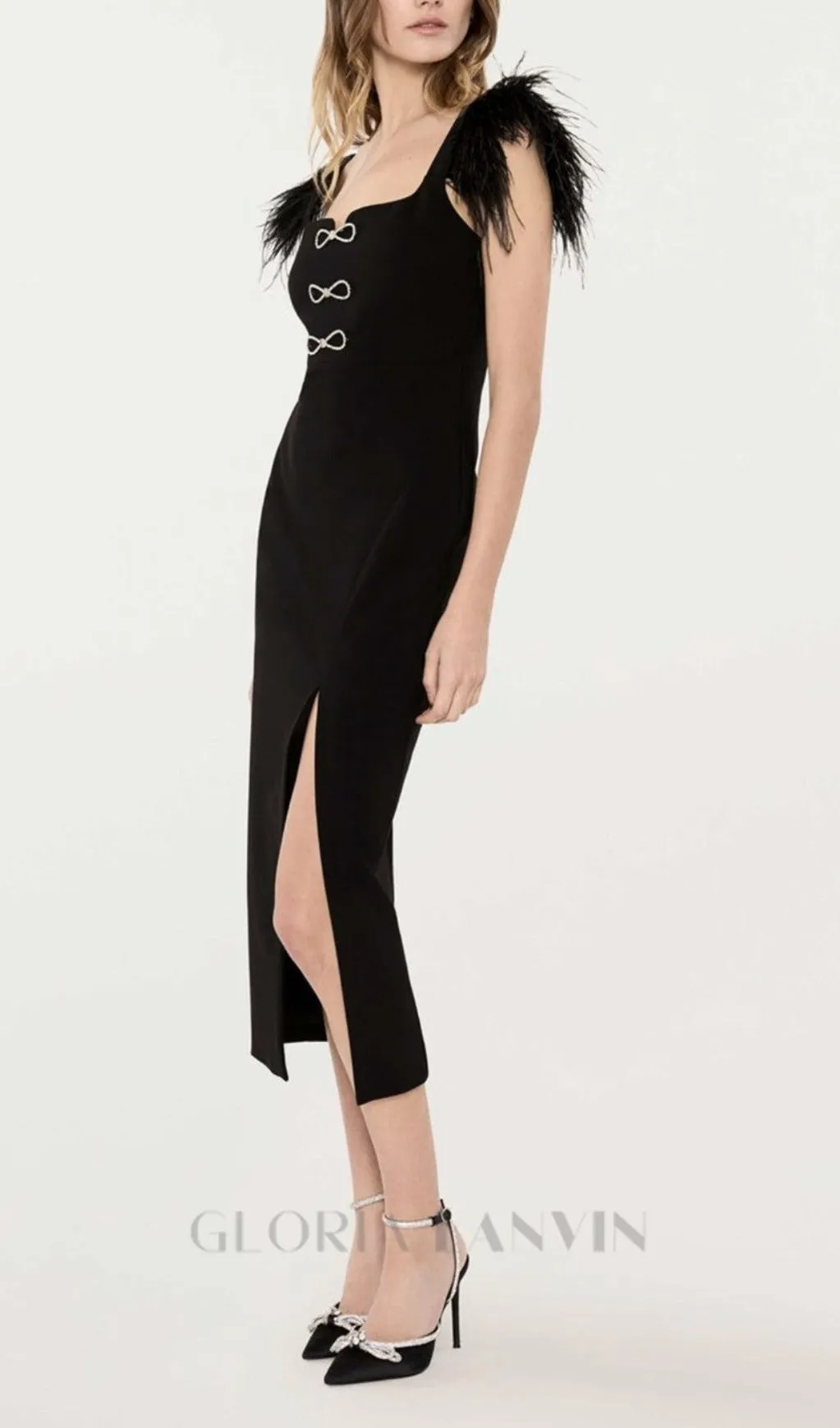 CARI BLACK BOW FEATHER BANDAGE MIDI DRESS Gloria Lanvin