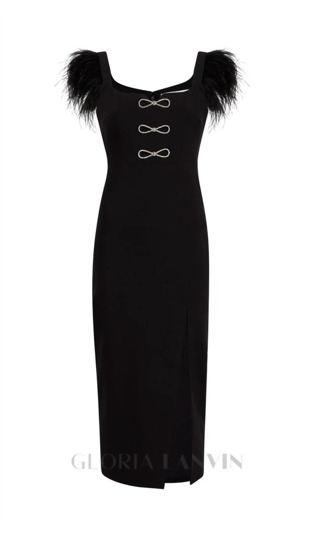 CARI BLACK BOW FEATHER BANDAGE MIDI DRESS Gloria Lanvin