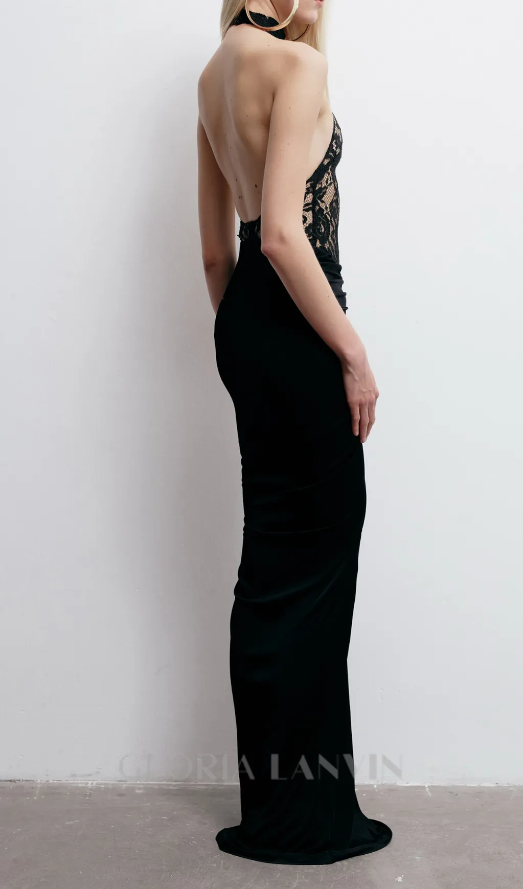 carol black halter maxi dress with lace bodice Gloria Lanvin