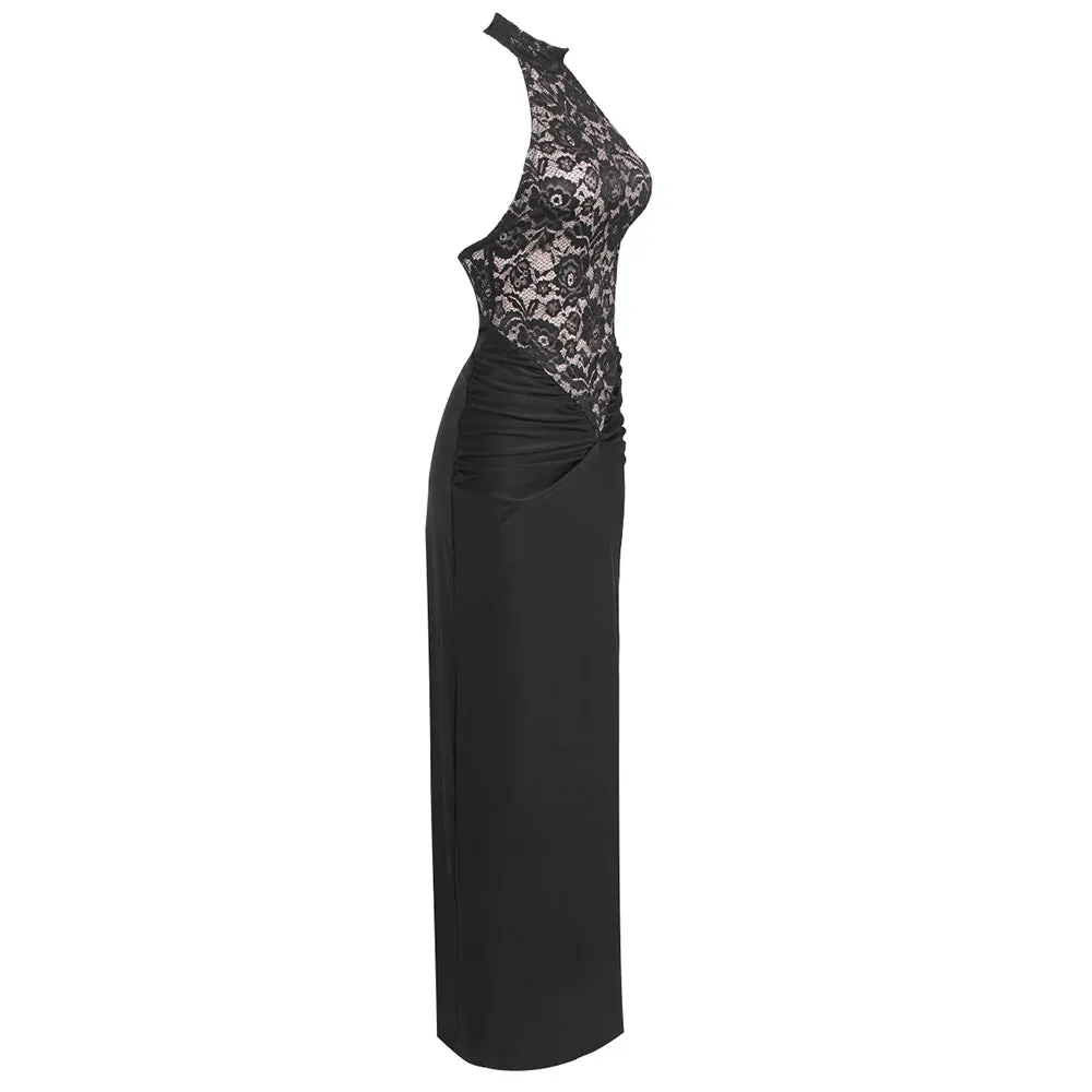 carol black halter maxi dress with lace bodice Gloria Lanvin