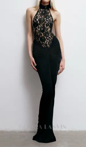 carol black halter maxi dress with lace bodice Gloria Lanvin