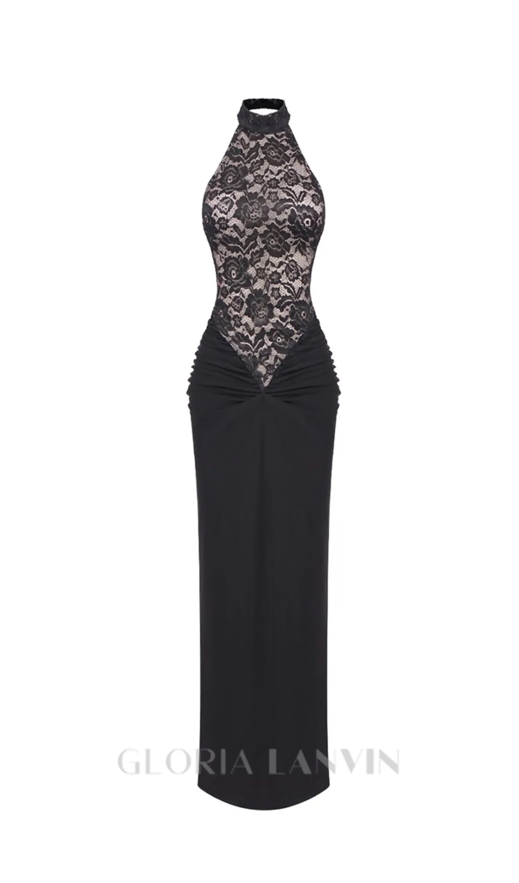 carol black halter maxi dress with lace bodice Gloria Lanvin