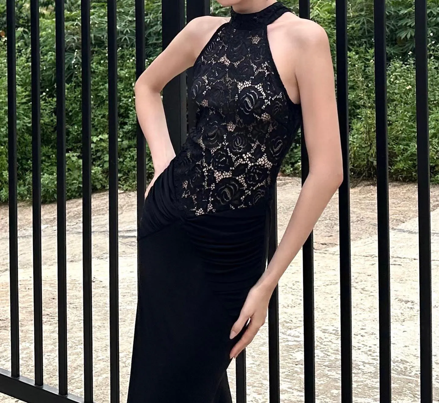 carol black halter maxi dress with lace bodice Gloria Lanvin