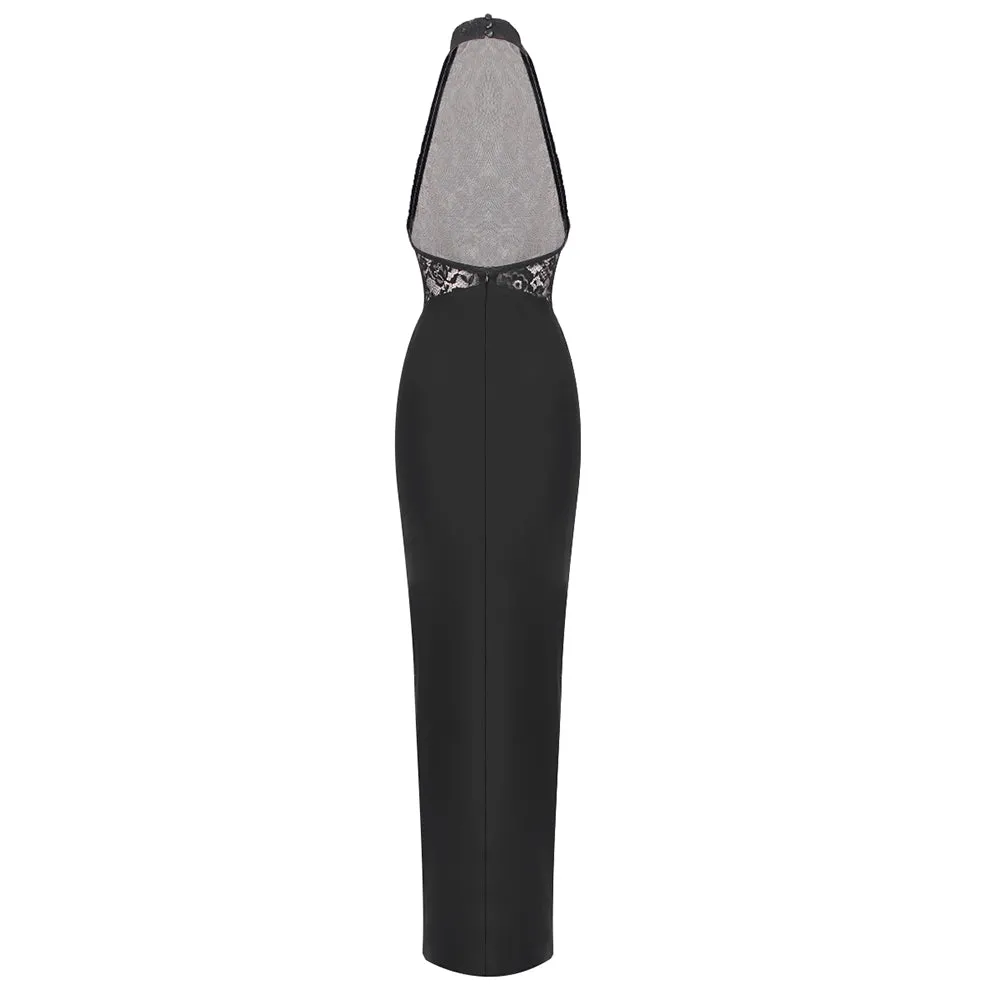 carol black halter maxi dress with lace bodice Gloria Lanvin