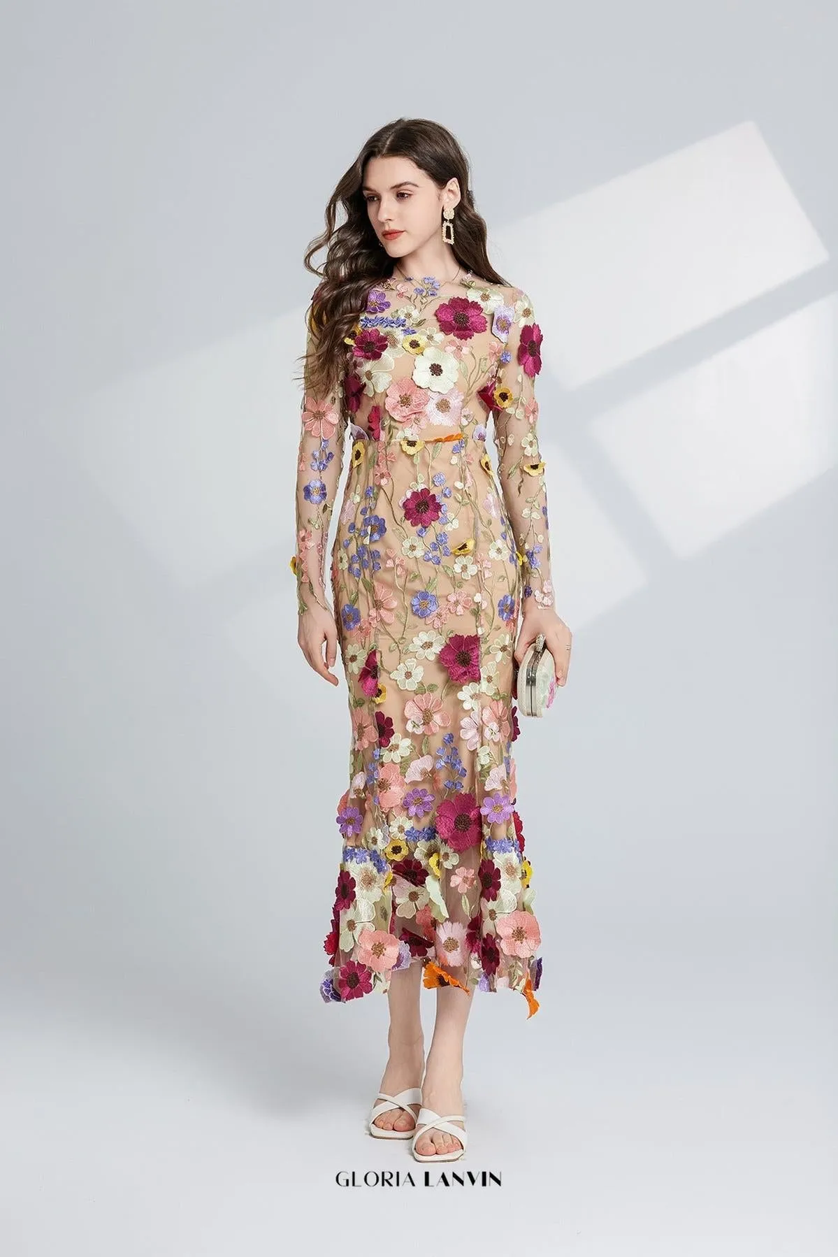 CAROL brown FLORAL EMBROIDERY MESH LONG SLEEVE MIDI DRESS Gloria Lanvin