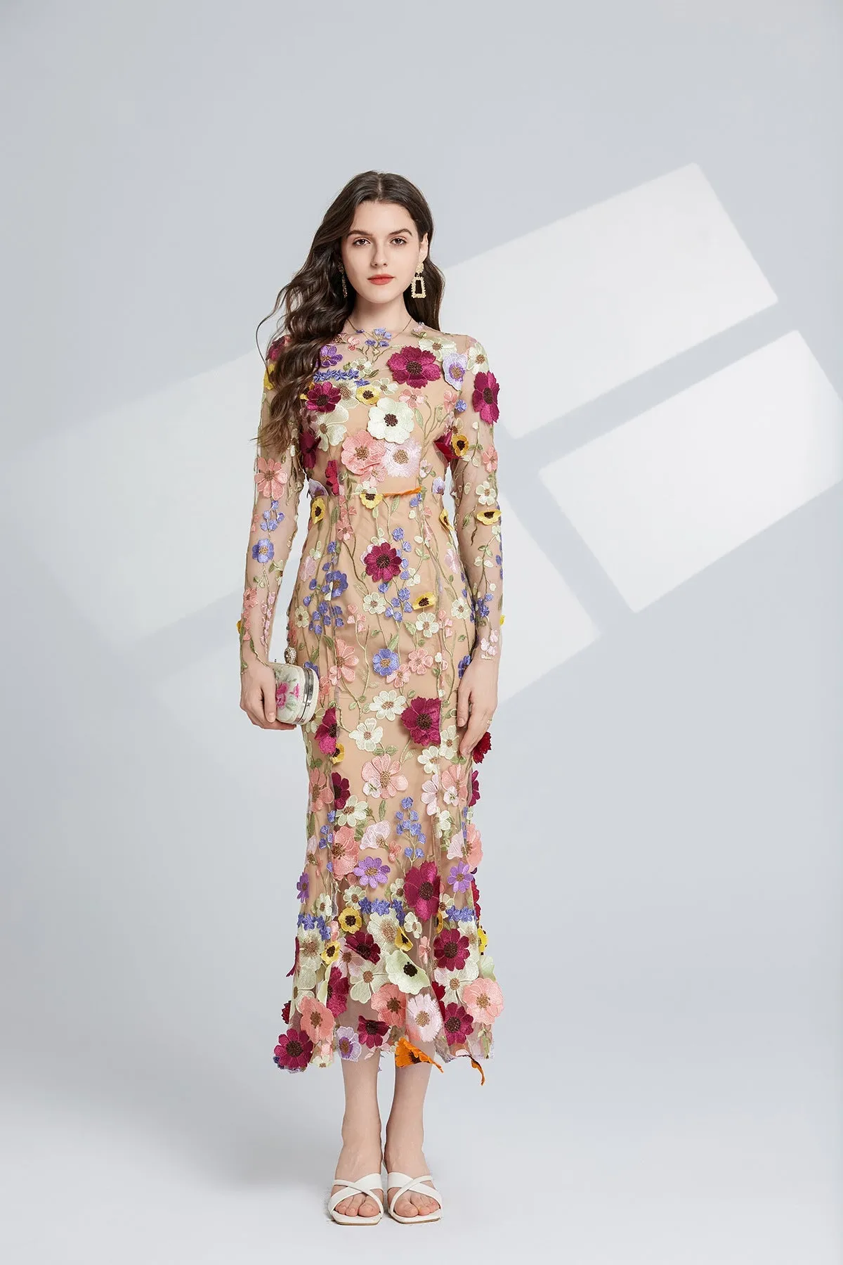 CAROL brown FLORAL EMBROIDERY MESH LONG SLEEVE MIDI DRESS Gloria Lanvin