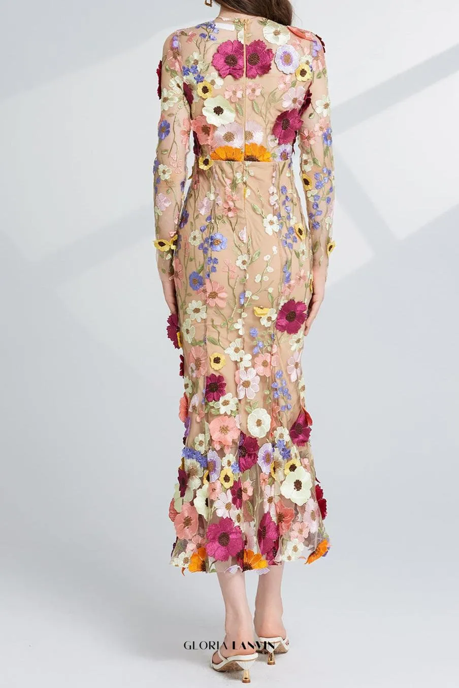 CAROL brown FLORAL EMBROIDERY MESH LONG SLEEVE MIDI DRESS Gloria Lanvin