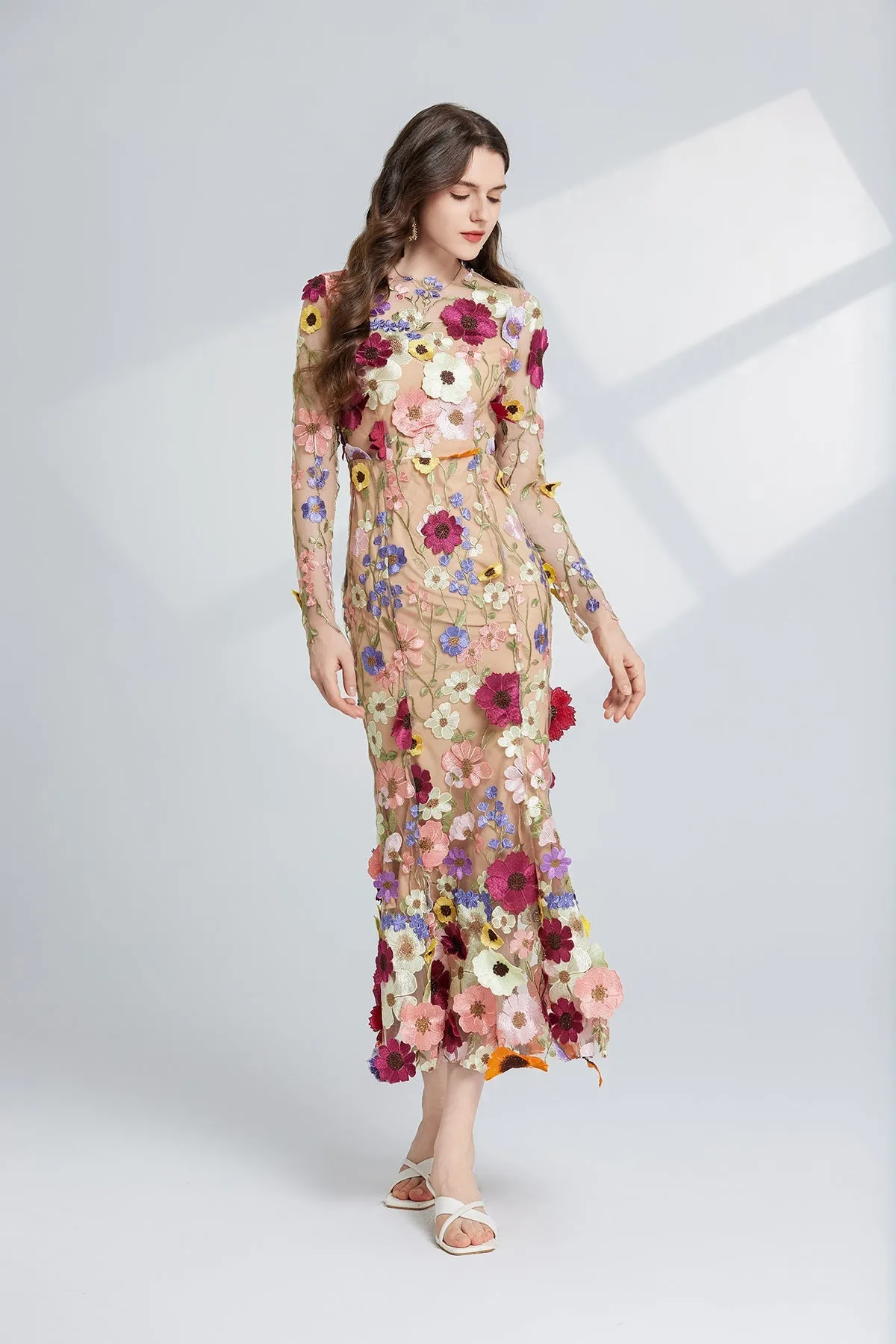 CAROL brown FLORAL EMBROIDERY MESH LONG SLEEVE MIDI DRESS Gloria Lanvin
