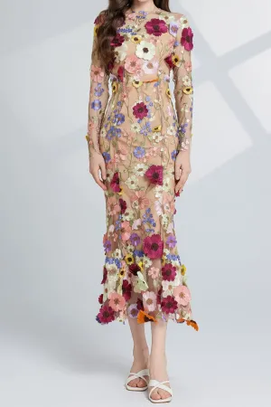 CAROL brown FLORAL EMBROIDERY MESH LONG SLEEVE MIDI DRESS Gloria Lanvin