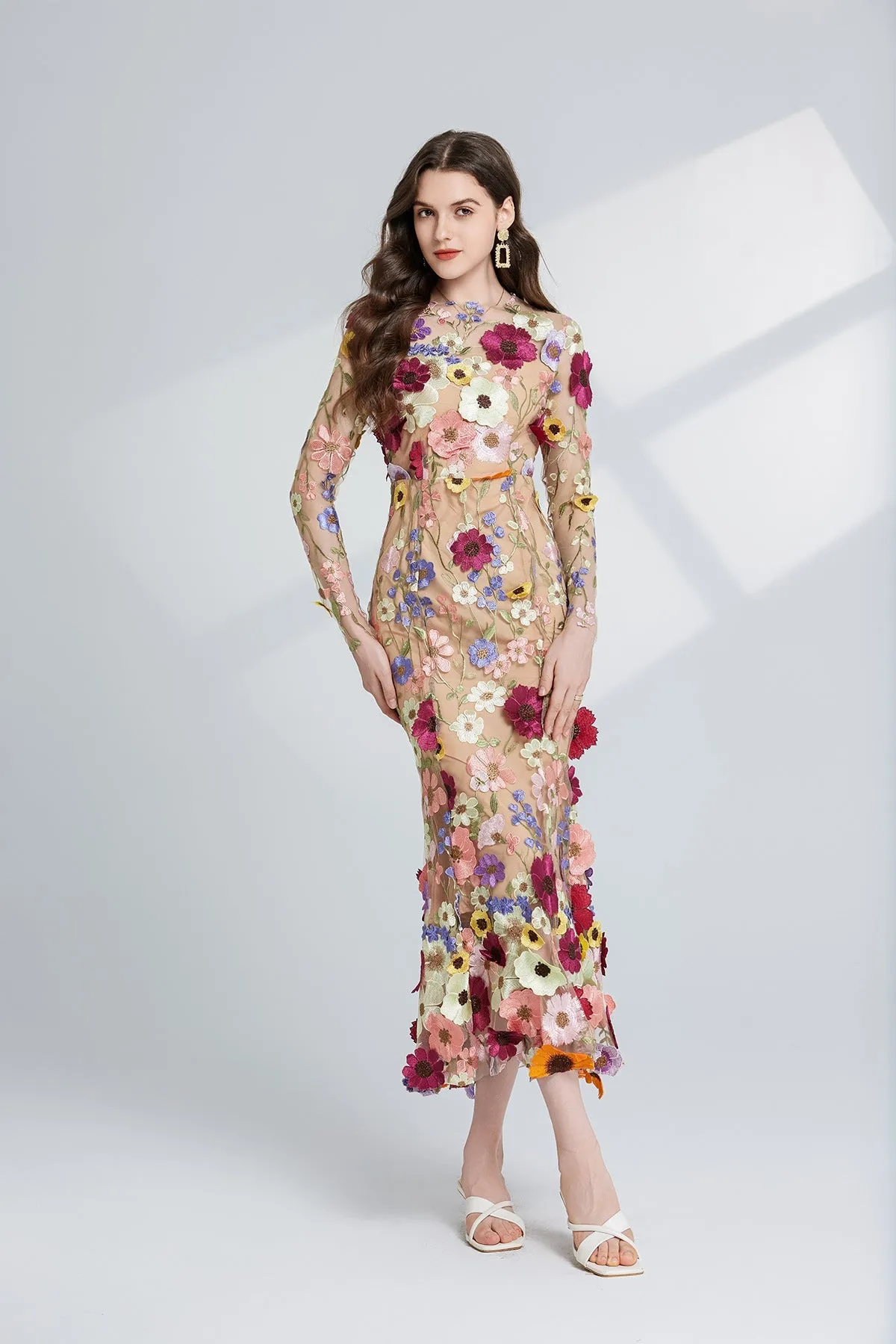 CAROL brown FLORAL EMBROIDERY MESH LONG SLEEVE MIDI DRESS Gloria Lanvin