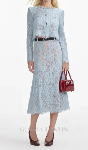 carol lace embellished top & midi skirt in blue Gloria Lanvin