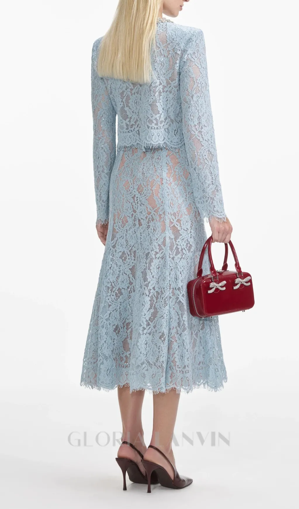 carol lace embellished top & midi skirt in blue Gloria Lanvin