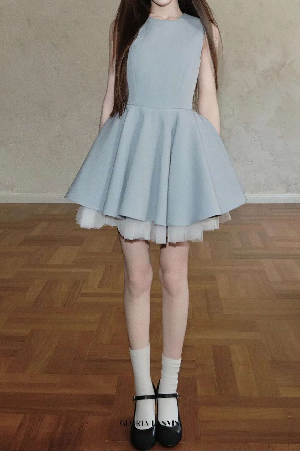carol mesh stitching sleeveless tutu dress in blue Gloria Lanvin